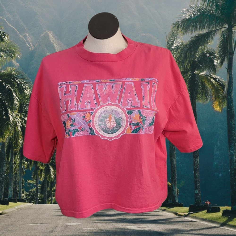 Vintage Late 80s Cropped Cotton Hawaiian Souvenir T-shirt